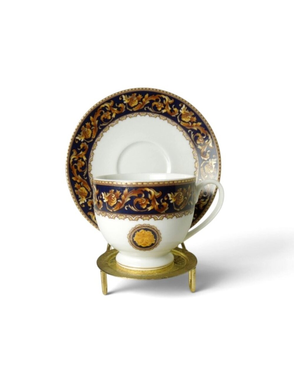 Vintage Casa Elite Italy Porcelain Tea Cup & Saucer M Valenti Blue Gold